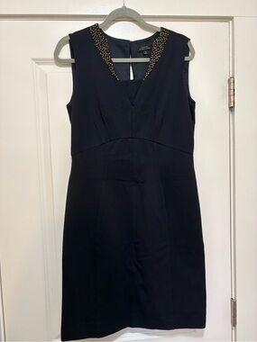 Tahari ASL navy Midi Sheath Dress with Gold Beaded Neckline